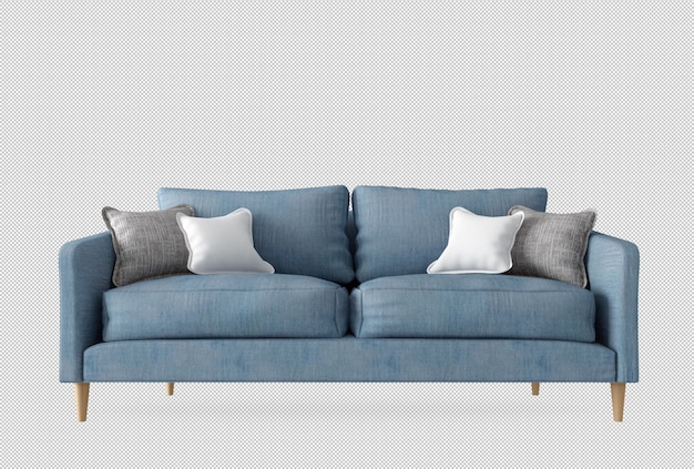 Голубой диван и подушки в 3d-рендеринге