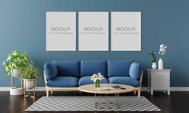 Blue sofa in living room interior with three frame mockup