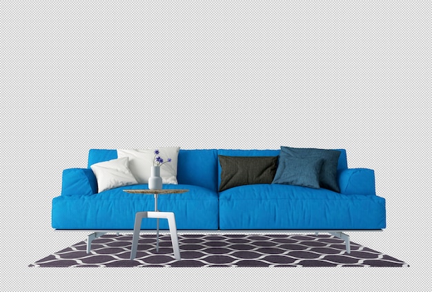 Blue sofa and pillows in 3d rendering