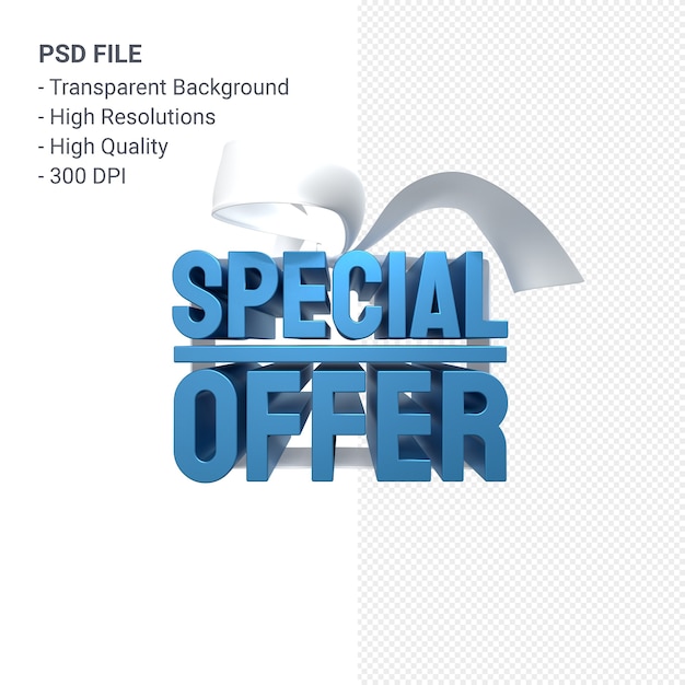 PSD blue special offer sale 3d design rendering for sale with white bow and ribbon isolated