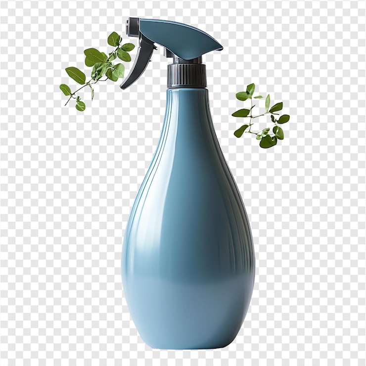 PSD blue spray bottle with green leaves