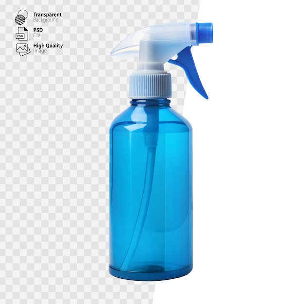 PSD blue spray bottle with nozzle on transparent background in studio setting