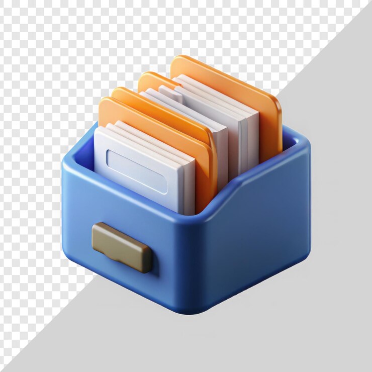 PSD blue storage box with organized files in orange and white folders symbolizing productivity