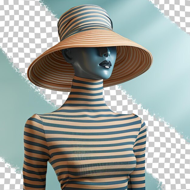 Blue striped dress and hat on a female mannequin with a transparent background no logos or copyrighted items