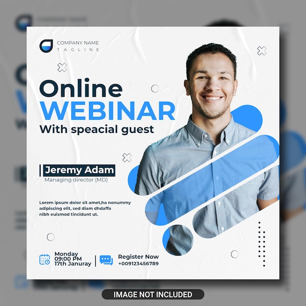 Blue trendy diagonal rounded edge guest speaker social media webinar post