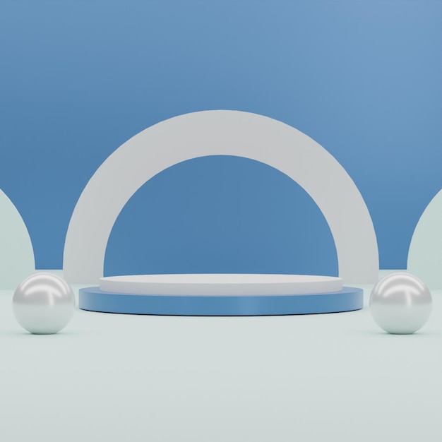 A blue wall with a white arch and two silver balls.