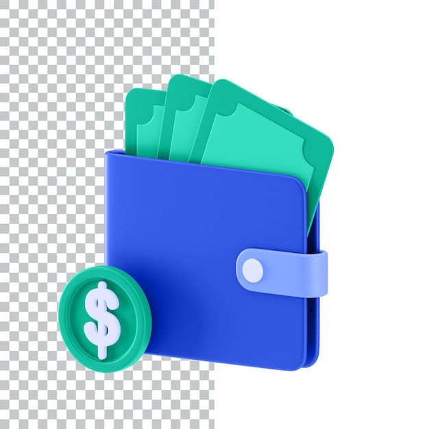 a blue wallet with a dollar bill in the middle of it 3d icon render asset design 3d icon illustrat