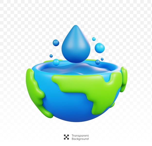 PSD goccia d'acqua blu sulla terra isolata concetto di icona della giornata mondiale dell'acqua 3d render stile cartone animato
