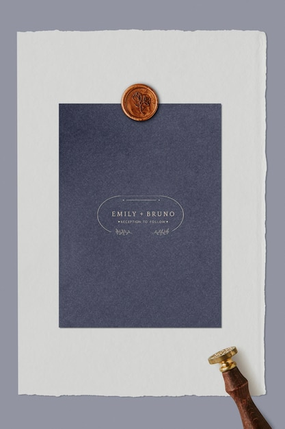 PSD blue wedding invitation card with wax seal stamp template