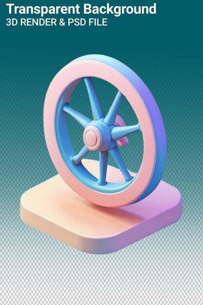 A blue wheel with a pink rim is on a white pedestal