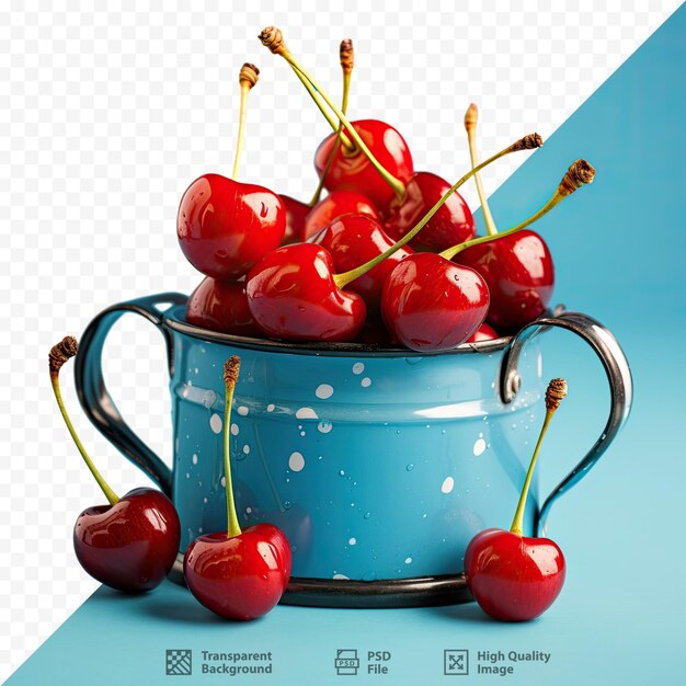 PSD a blue and white background with a bowl of cherries.