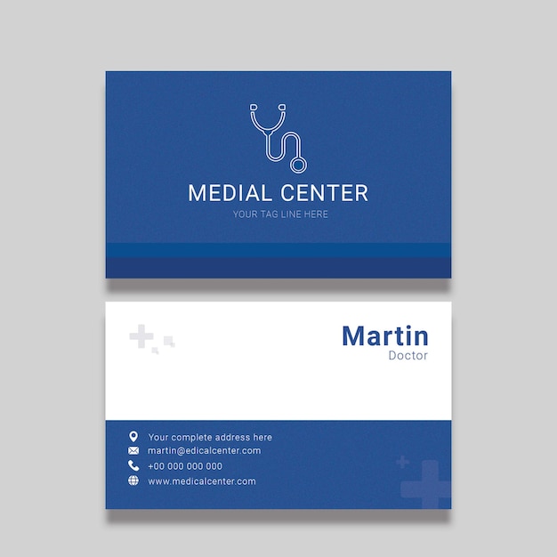 Blue and white business card