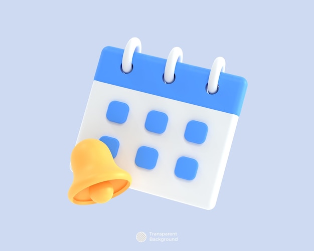 A blue and white calendar with a yellow bell on it