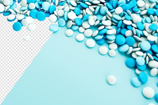 blue and white coated chocolate candies scattered on blue background 3d illustration