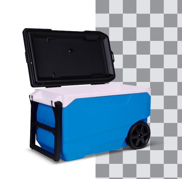 PSD a blue and white cooler with a black lid is on a white and gray checkered background.