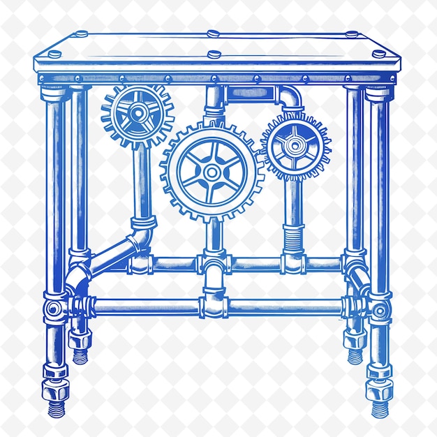 Un disegno blu e bianco di un orologio con ingranaggi e ingranaggi