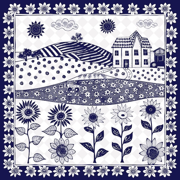 PSD a blue and white drawing of a house and flowers