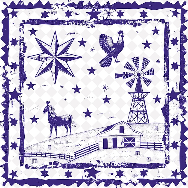 PSD a blue and white drawing of a man and a horse with a windmill in the background