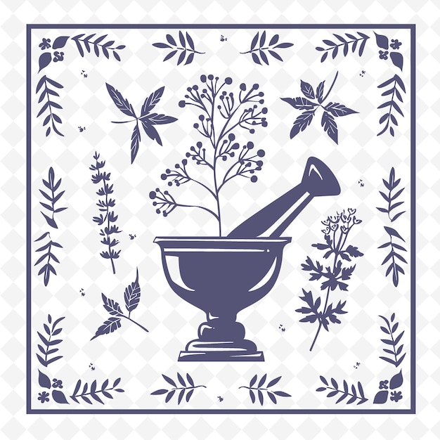 PSD a blue and white drawing of a pot with a plant in it