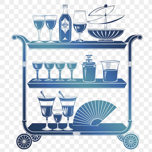 A blue and white drawing of a refrigerator with glasses and a fan on it