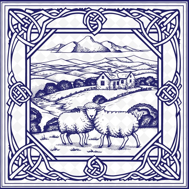 PSD a blue and white drawing of a sheep and a house
