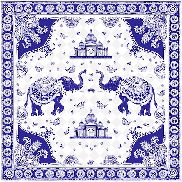 PSD a blue and white floral pattern with an elephant and a building with a crown