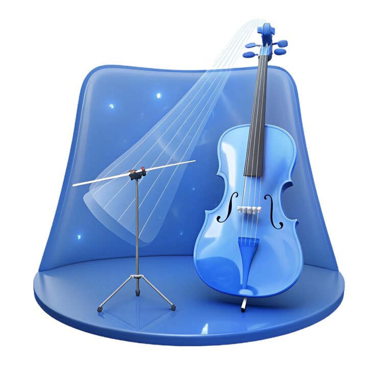 PSD a blue and white guitar and a violin stand on a blue table