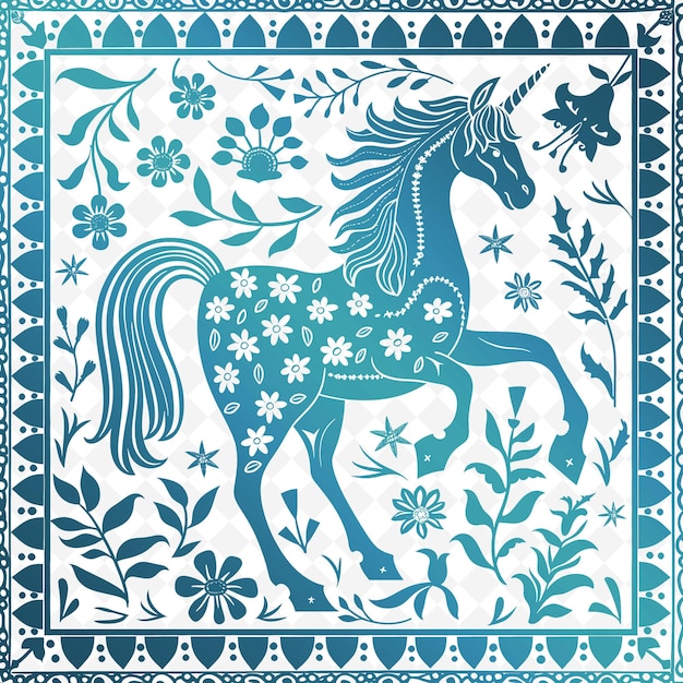 A blue and white horse with a blue mane and a blue horse on it
