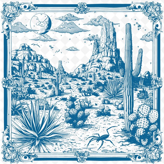 PSD a blue and white illustration of a desert landscape with a dragonfly and mountains in the background