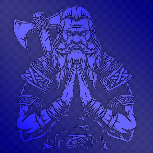 PSD a blue and white image of a bearded man with a sword and the word god on it