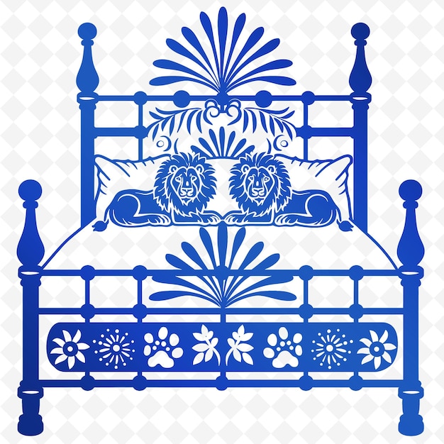 PSD a blue and white image of a bed with a floral design