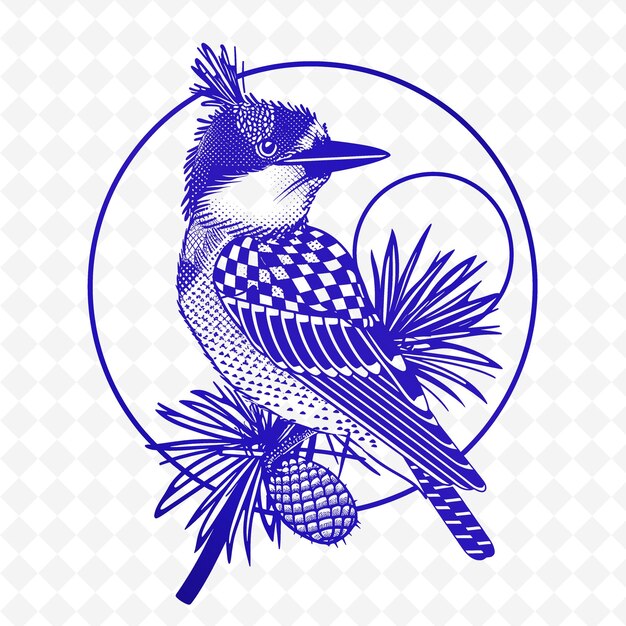 A blue and white image of a bird with palm trees in the background