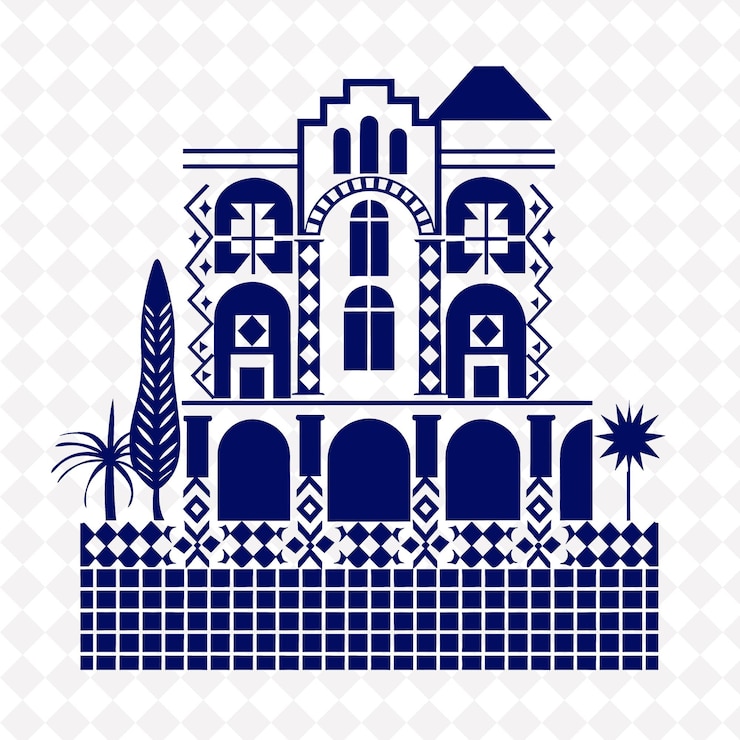 PSD a blue and white image of a house with palm trees on a white background