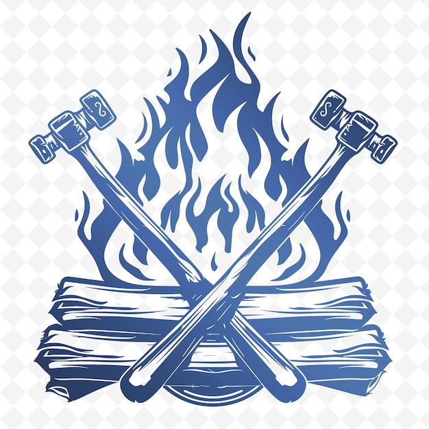 PSD a blue and white image of swords and a fire with a picture of a fire in the background