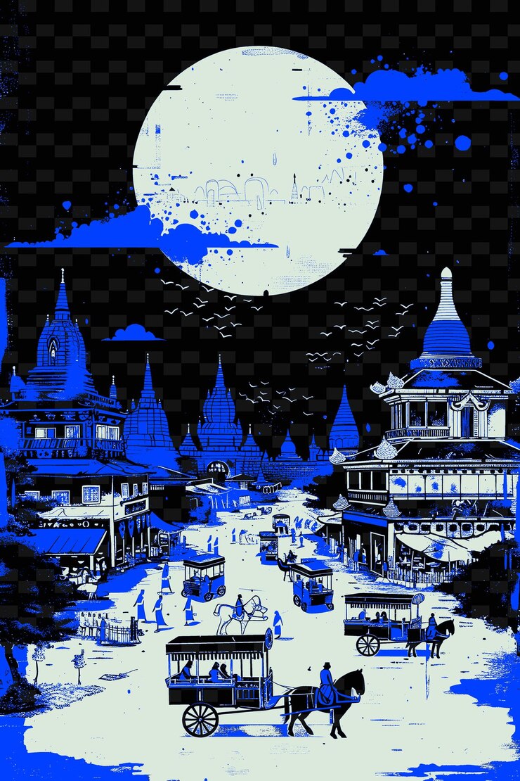 PSD a blue and white painting of a city scene with a boat and a city in the background