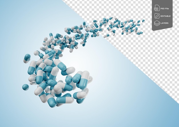 Blue And White Pharmaceutical Antibiotic Capsules Flowing Coming In The Air 3d Illustration