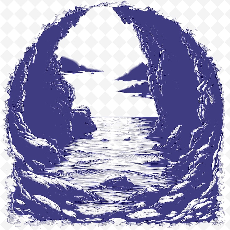PSD a blue and white photo of a tunnel that has a picture of a sea cave and the ocean