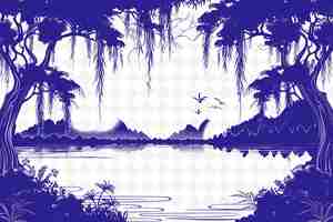 PSD a blue and white picture of a lake with palm trees and a lake with a bird flying in the sky