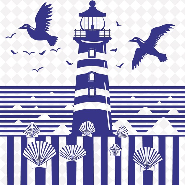 PSD a blue and white picture of a lighthouse with birds flying around