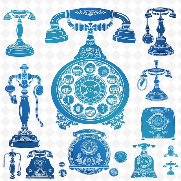 Un poster blu e bianco di un telefono e alcuni altri oggetti