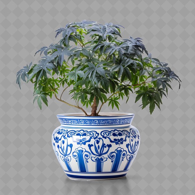 PSD a blue and white pot with a plant in it