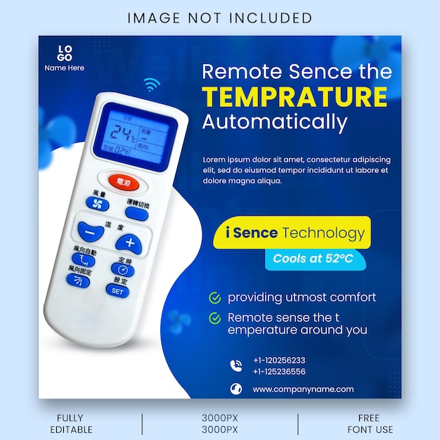 A blue and white social media post for cooling devices operating product remote