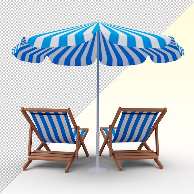 PSD a blue and white striped beach chairs and umbrella on the beach