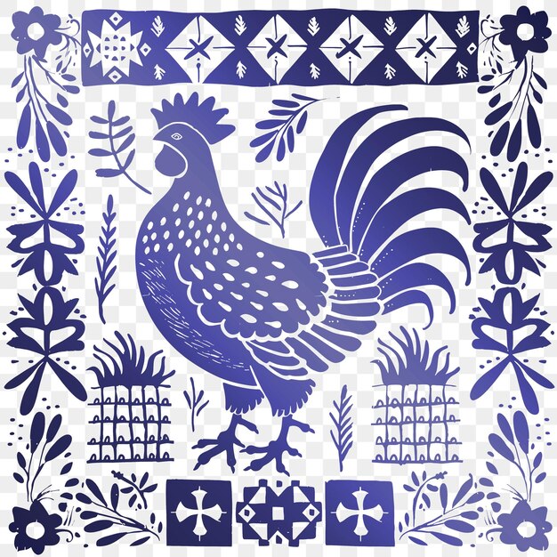 A blue and white tile with a rooster on it