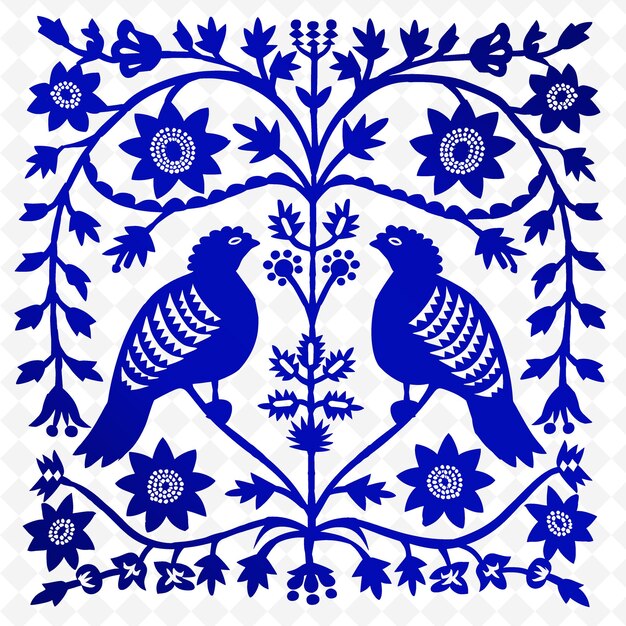 A blue and white tile with two birds on it and a blue and white pattern