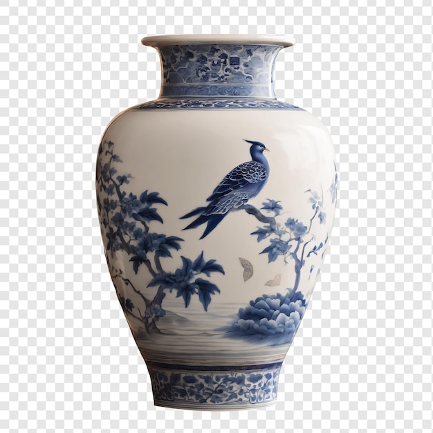 a blue and white vase with a bird on it