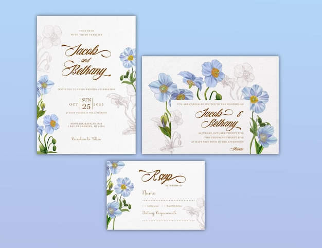 PSD a blue and white wedding invitation with a floral design.