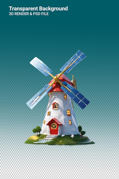 A blue and white windmill with a red house on the top