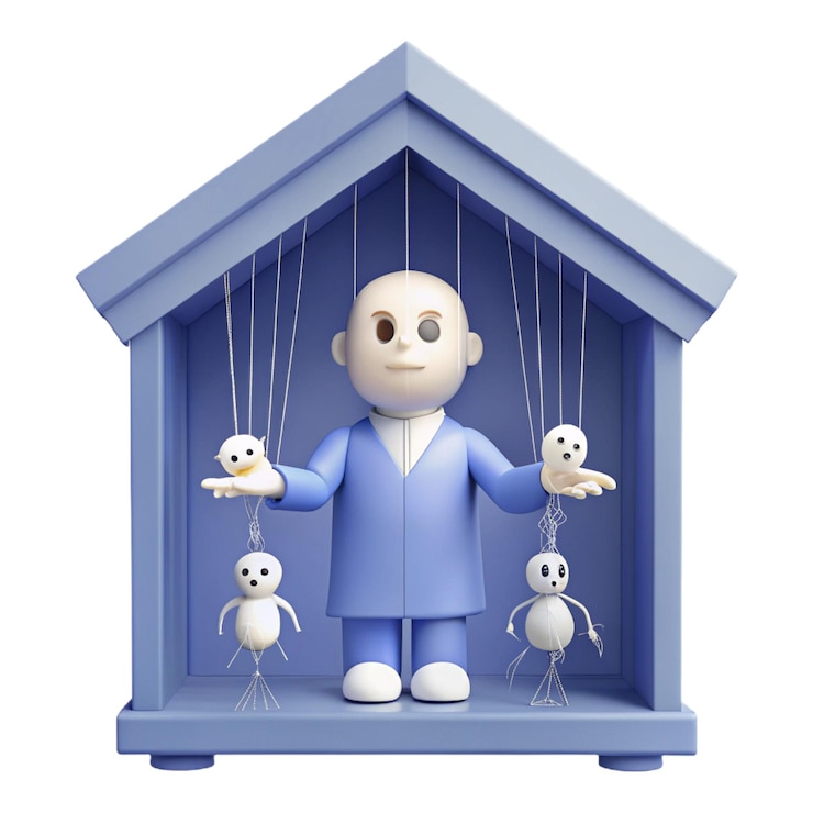 PSD a blue wooden doll with three small white dolls in a blue cage