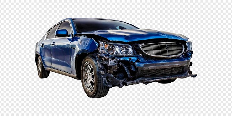 PSD a blue wrecked car with a damaged front end isolated